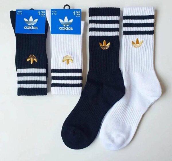 2 Pairs Long مطرز Adidas Gold (White + Black)